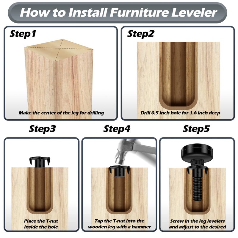 Holimax 10 Set Adjustable Furniture Leveling Feet, Adjustable Leg Levelers for Cabinets Sofa Tables Chairs Raiser, Heavy Duty Height Adjuster Furniture Levelers Foot with T- Nut Kit 3/8   -16 Thread - Image 4